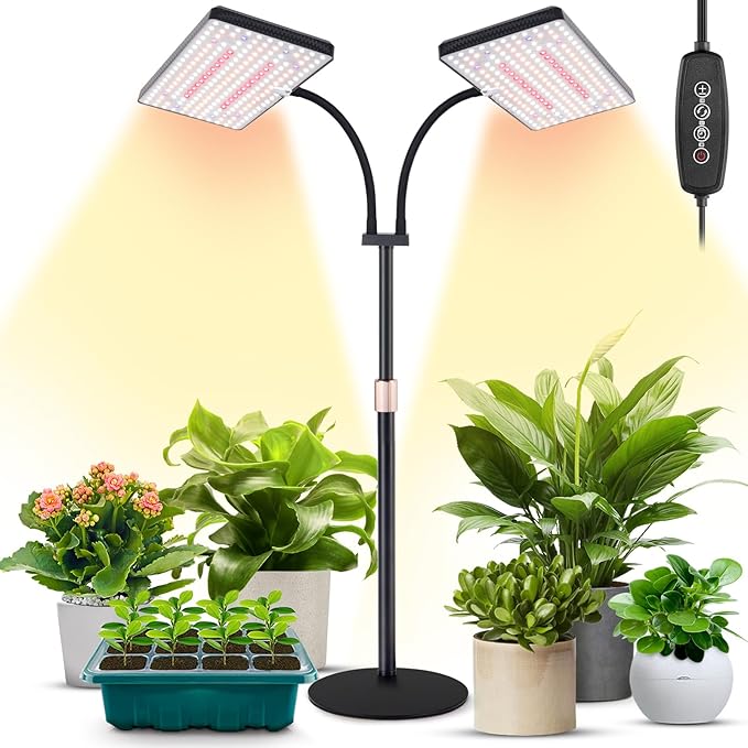 LBW Upgraded Desk Grow Lights for Indoor Plants Dual-Head 428 LED Tabletop Full Spectrum Grow Light with 3/6/12H Timer 6 Brightness Levels 3 Lighting Modes Height Adjustable for 10-26 inches