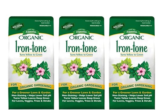 Espoma Organic Iron-Tone 3-0-3 Organic Fertilizer and Plant Food to Help Correct Iron Deficiency (Chlorosis). 5 lb. Bag. Turns Yellow to Green Non Staining Iron - 3 Pack