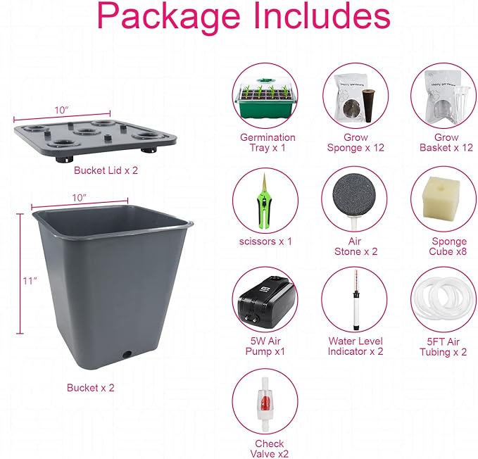 2 Hydroponic Buckets Kit for Plants Hydroponics Growing System for Herbs/Tomato/Vegetables DWC System with Air Pump &amp Germination Tray (Complete Indoor Hydroponic Gardening Supplies)
