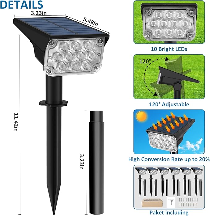 T-SUNUS 6 Pack Solar Color Landscape Spotlights IP65 Waterproof Solar Powered Spot Light Wall Lights 2-in-1 Outdoor Landscaping Light for Yard Garden Driveway Porch Walkway Pool Patio