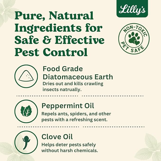 Diatomaceous Earth Food Grade with Peppermint Oil Crawling Insect Killer | Indoor Pest Control Powder for Bed Bug Roach Ant Fleas | Lilly's naturals 12 fl oz