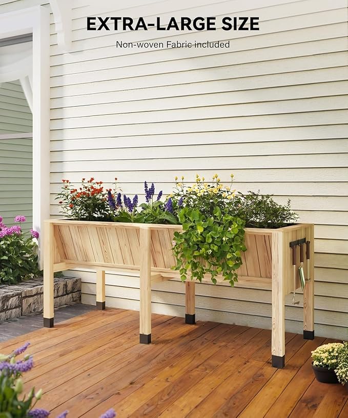 PeakPursuit 6x2 ft Large Elevated Garden Bed with Storage Hooks 72x26x30 Inch Tall Wooden Raised Planter Box 13.7 Deep Outdoor Grow Box for Vegetables/Herbs Includes Non-Woven LinerNatural Wood