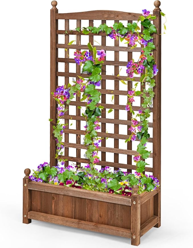 Raised Garden Bed with Trellis 25 x 11 x 48 Inch Wood Planter Box w/Drainage Holes Freestanding Planter for Climbing Plants Flowers Vines Outdoor Patio Yard Balcony