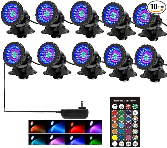 SHOYO Pond Lights Color Changing Spotlights with Timer Submersible Fountain Lights Memory Dim Adjustable IP68 Waterproof Underwater RGB for Outdoor Garden Yard Lawn Water Pond Fountain (Set of 10)