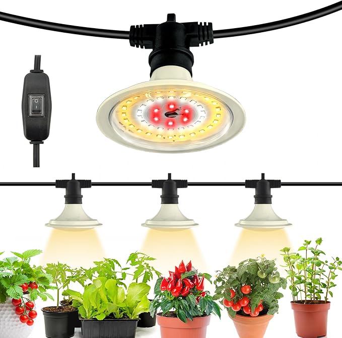 Outdoor LED Grow Lights Waterproof String Grow Light Full Spectrum Plant Growing Lights with 12Ft Adjustable Cord 3 Lights