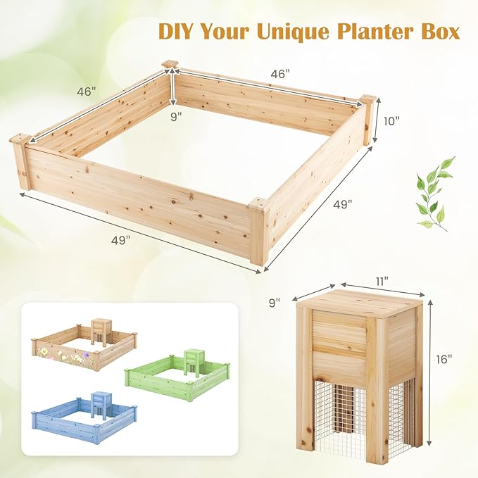 Giantex Raised Garden Bed 49x49x10 Wood Planter Box Kit w/Compost Bin &amp Open-Ended Bottom for Vegetables Flowers Herbs Fruits Elevated Square Planting Bed for Patio Backyard Garden