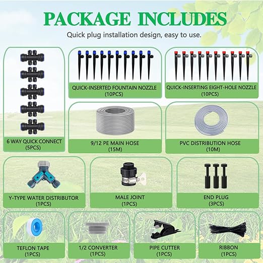 82FT Drip Irrigation Kit 1/4-inch Drip Irrigation Emitter Fan-Shaped Drip Irrigation Emitter Quick-Connect Automatic Drip Irrigation System Suitable for Watering Plants in Flowerpot Elevated Bed.