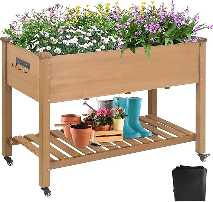 Raised Garden Bed with Wheel 48x24x30in Elevated Wood Planter Box Can Grow Vegetables Flowers and Herbs Suitable for Backyard Patio Balcony Terrace Veranda （Brown）