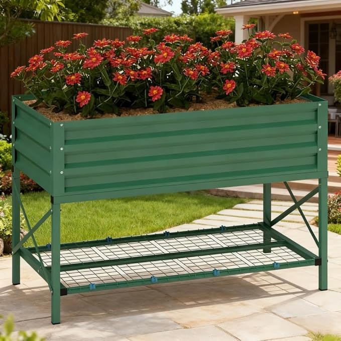 Gardening BedMetal Planter BoxGalvanized Raised Garden Bedwith LegsStorage Shelf and Bed Liner