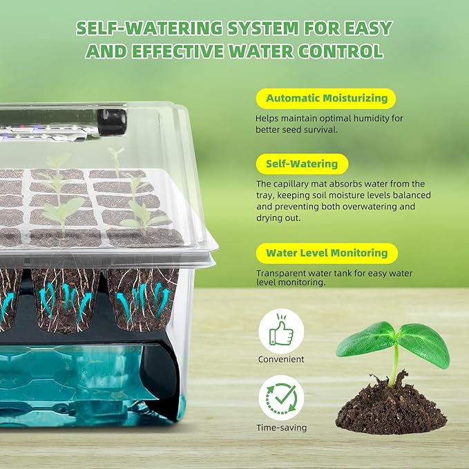 Indoor Seed Starting Kit with 60-Cell Self-Watering Tray LED Grow Light Timer Humidity Dome pH Meter for Plant Germination Vegetables Herbs Flowers