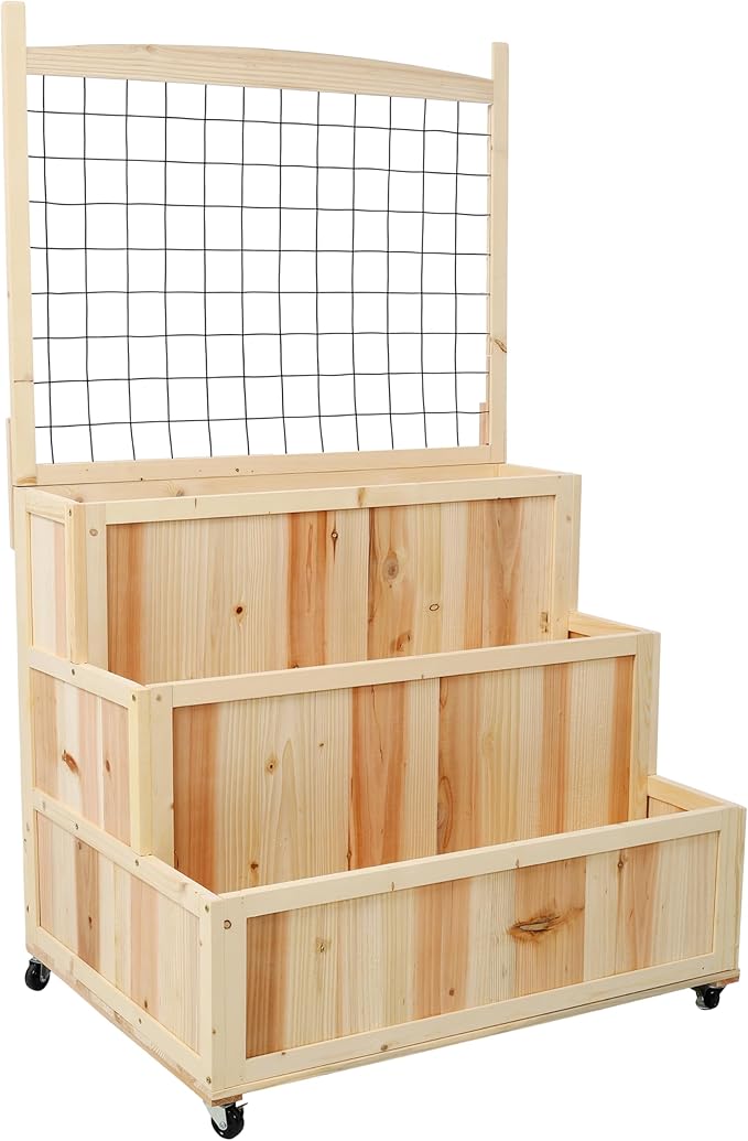3-Tiers Raised Garden BedPlanter Box  with Trellis 2-in-1Wooden Frame 53 H with Wheels  Back Storage Area for Flowers Vegetables Herbs