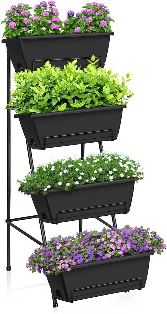 OYEAL Raised Garden Bed 4 Tier Vertical Garden Planters Indoor Outdoor Raised Planter Box with Legs Elevated Herb Garden Planter for Flowers Vegetables Plants Black