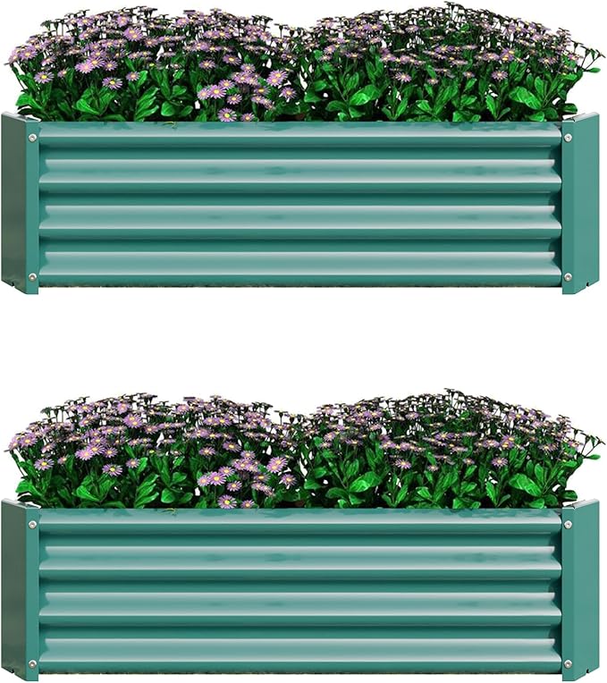 2 Pieces 4×2×1ft Raised Garden Planter Beds Outdoor Metal Planters Metal Flower Pool for Vegetables Herb Flowers Plants (Green)