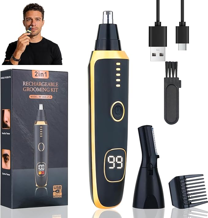 LED Display Eyebrow &amp Nose Hair Trimmer Clipper for Men Women2026 Rechargeable 2 in 1 Painless Ear &amp Facial Hair Trimmer with Powerful Motor and Dual-Edge Blades Easy Cleansing (Black)