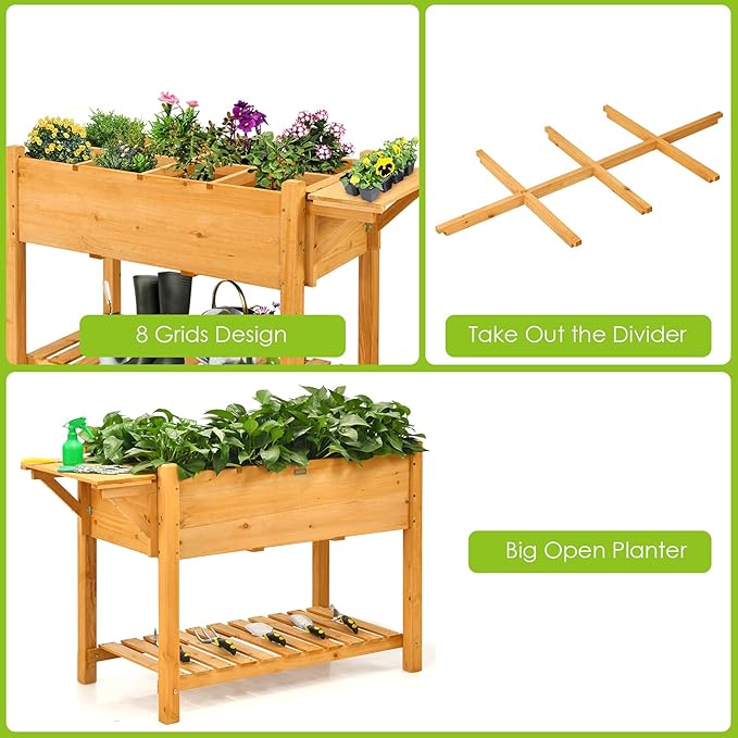 Giantex Planter Raised Bed Elevated Raised Garden Box with 8 Grids and Side Work Table Outdoor Wood Plant Container Backyard Patio (48.5 Lx21 Wx31.5 H)