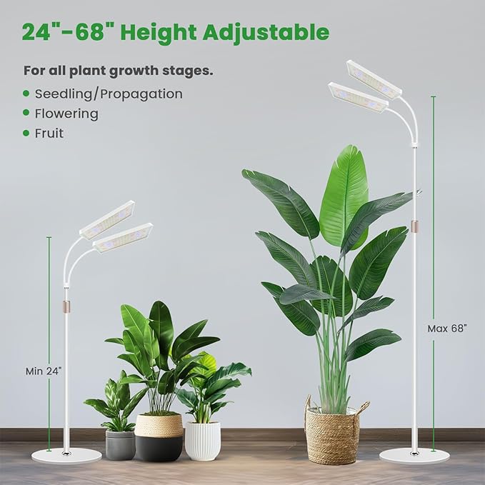 Wiaxulay Grow Lights for Indoor Plants 306 LED Full Spectrum Plant Light with Stand Height Adjustable 24-68 in for Growing Large Tall Plants 4/8/12/16H Timer3 Lighting Modes5 Brightness (2 Heads)
