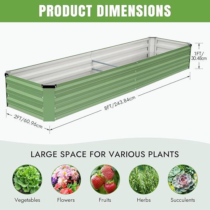 INNO STAGE Galvanized Raised Garden Bed Kits 8x2x1ft Metal Raised Garden Beds Outdoor Large Steel Raised Planter Bed with Gloves for Vegetables &amp Flowers Patio Ground Planter Box(Olive Green 2P