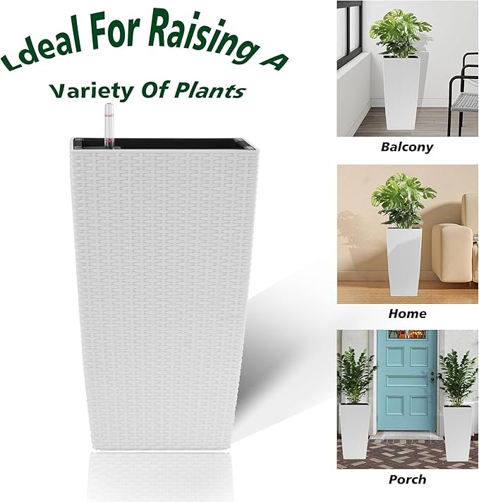 IndoorOutdoor Faux Rattan Square Planter 22.6 inch White Plastic Large Planter with Automatic Watering System for Home and G(White 22.6 inch 2 Pack)