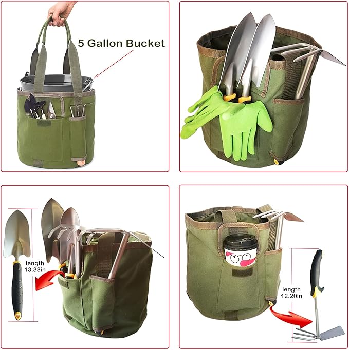 HANC Green Bucket Garden Tools Bag with 2 Pockets Tote Garden Tools Bag in Water Proof Canvas Storage Organizer for Men Or Women(Bag Only)