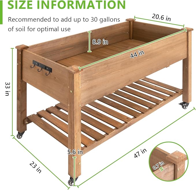 Raised Garden Bed with Legs &amp Wheels – Outdoor Elevated Planter Box with Storage Shelf &amp Hooks for Vegetables Flowers and Herbs for Outdoor Gardening Patio Balcony48x 24x 33(Brown)