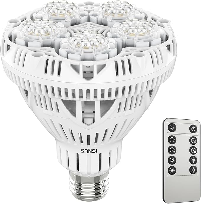 SANSI Dimmable Grow Light Bulb Full Spectrum High PPFD 30W Grow Bulb (450 Watt Equiv) with Remote Auto On Off Timing 4 8 12 Hrs Energy Saving Plant Light Bulb with E26 Base for Indoor Plants