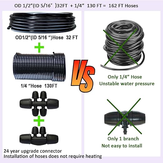Drip Irrigation System with Water Timer 162ft Drip Irrigation Kit 5/16“ID and 1/4 Inch Pipe Auto Watering System for Garden Adjustable Spray for Greenhouse Garden Lawn Potted Plants Black