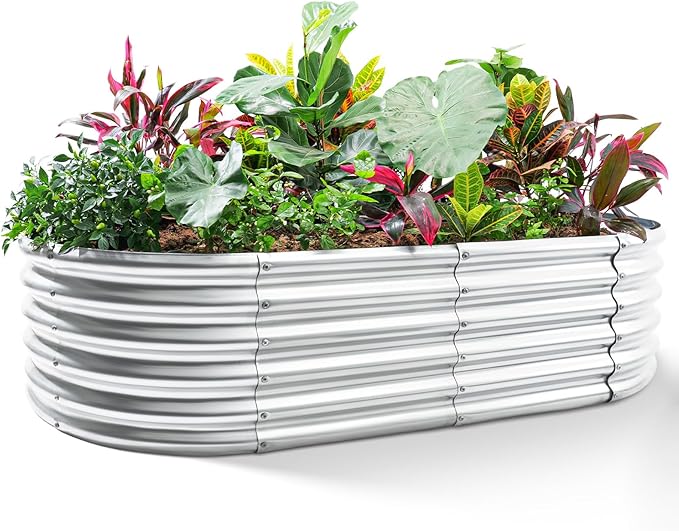 Land Guard Galvanized Metal Raised Garden Bed Kit 8x4x1.5ft Large Planter Boxes Outdoor Oval Gardening Box Patio Garden Planter Box for Vegetables (Silver)
