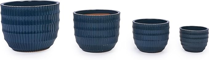 Handmade Navy Blue Ceramic Planter Set of 4 (5.31 to 14.17) IndoorOutdoor Flower Pots for Orchids Succulents by Window Couchside Breathable Textured Clay with Drainage