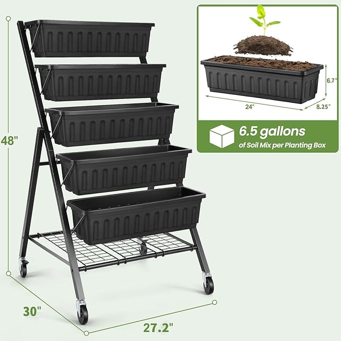 SEJOV 5-Tier Raised Garden Bed 4FT Vertical Garden Planter with Storage Rack and Lockable Caster Wheels Indoor Outdoor Raised Planter Box with Drainage System for Vegetables Flowers Herbs Black
