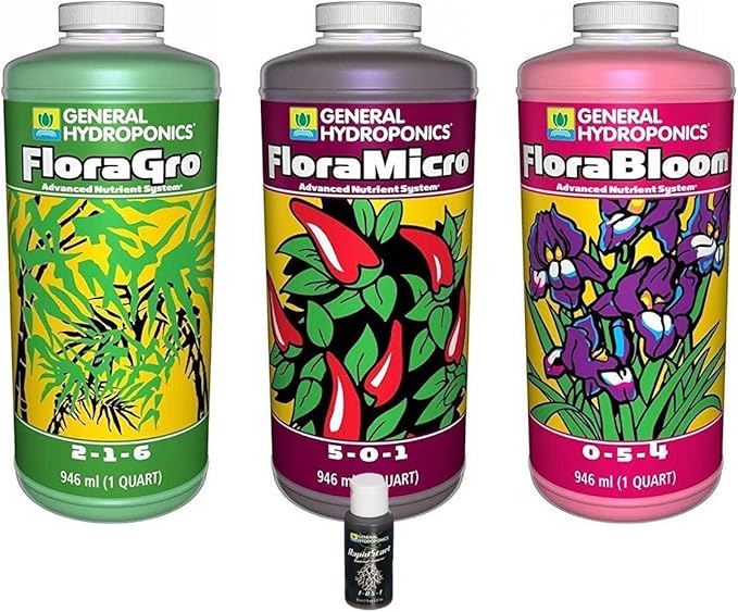 General Hydroponics FloraGro FloraBloom FloraMicro Combo Fertilizer Set + 1oz Rapidstart (Quarts)