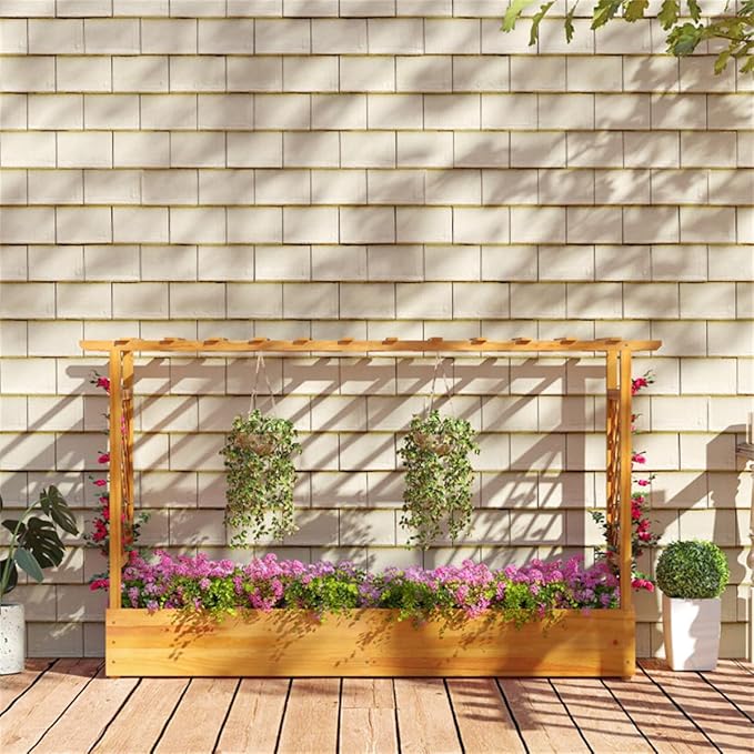 Pine Wooden Raised Garden Bed with Trellis &amp Flat Roof Planter Box for Climbing Plants Outdoor Planting Stand Roof Climbing Plant Support Raised Beds Backyard Planter Wooden Garden Planter