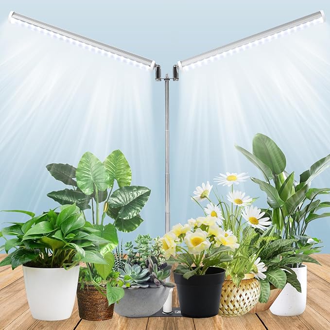 JCBritw Standing LED Grow LightAdjustable Dual Head T12 Bar Plant Light White 6500K Full Spectrum Plant Grow Lamp on Stand for Indoor Plants Seed Starting Seedlings Veg Flower