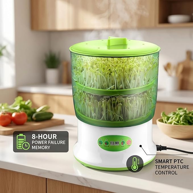 Seed Sprouting Kit 2-Tier Large Capacity Bean Sprouts Grow Kit with 360° Spray and 3 Modes Indoor Gardening Seed Sprouter Tray Green