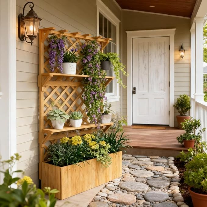 Wooden PlanterRaised Garden Bedwith Trellis Hanging Roof Plant Shelf Drainage Holes and Bed Liner