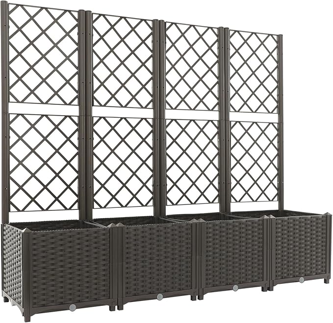 4Pcs Planter Box with Trellis Plastic Raised Garden Bed with Trellis &amp Drainage Holes Privacy Planter Boxes for Climbing Plant Flowers Vegetables for Garden Patio Backyard(Brown)