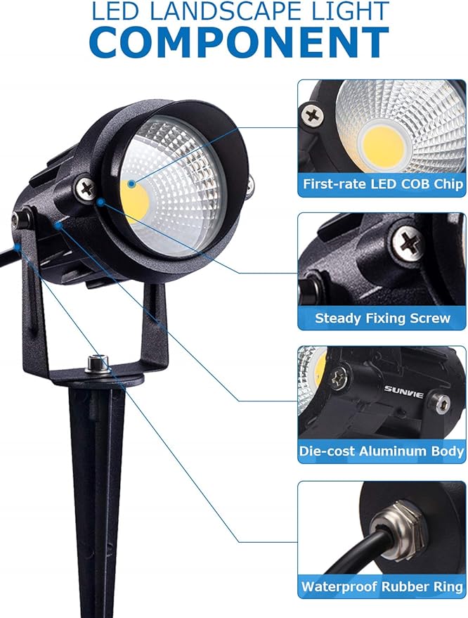 SUNVIE 12W Low Voltage Landscape Lighting LED Landscape Lights 3000K Waterproof Garden Pathway Lights 12V Outdoor Spotlights with Spike Stand 2 Pack with Connectors
