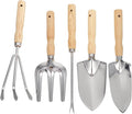 Alasum 5pcs Mini Garden Tool Set with Wooden Handles Stainless Steel Planting Spades and Rake Portable Weeding and Digging Hand Tools for Outdoor Gardening and Home Plant Care