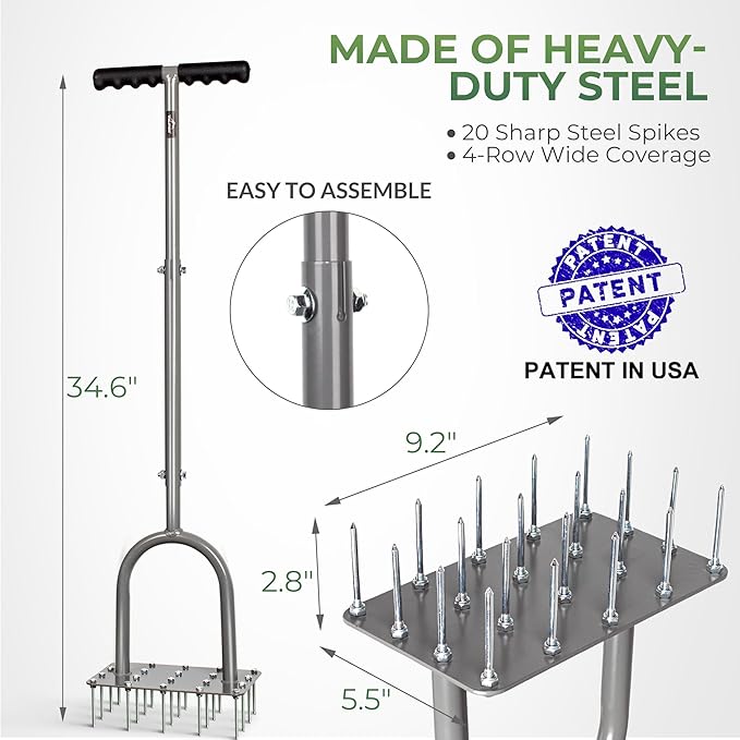 Walensee Four-Row Spike Lawn AeratorManual Heavy-Duty Steel Aerator Lawn Tool with 20 Sharp SpikesIdeal for Small YardsLawn EdgesSpot Seeding &amp Soil PrepBare Spots RepairGardening Aeration T