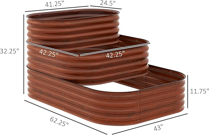 Outsunny 3-Tier Galvanized Steel Raised Garden Bed Kit 62.25 x 43 x 32.25 3 Combining Planter Boxes with Rubber Strip Edging Open Bottom for Backyard Garden Patio Brown
