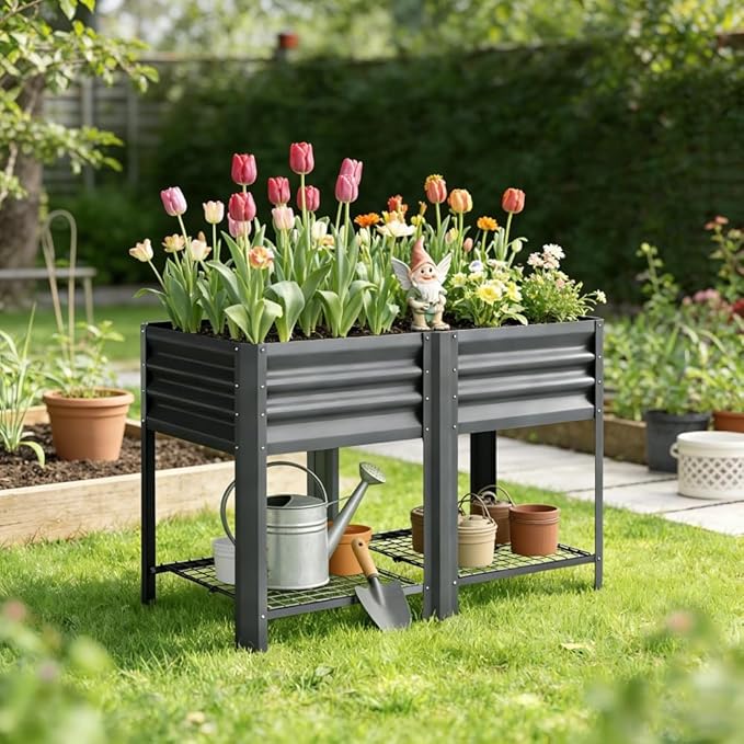 Raised Garden Bed39.6 Gal CapacityPowder-Coated Galvanized Steel Supporting Up to 396 lbsIncludes a Bottom Shelf6 Legsfor Backyard Patio Balcony