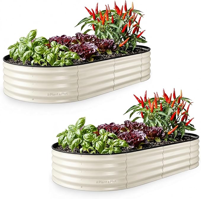 Plant &amp Plot Galvanized Raised Garden Beds Outdoor // 6×3×1 ft (2-Pack) Planter Raised Beds for Gardening Vegetables Flowers // Large Metal Garden Box // Patented Tool-Free Design (White)