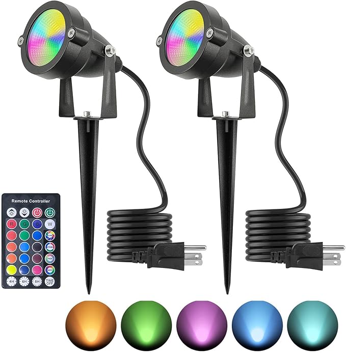 Christmas Spotlight 10W LED Color Changing Outdoor Hallowmas Spot Lights Timer Remote IP65 Waterproof RGB Metal Case Spotlights with Stake Stand for Yard Garden Lawn House 2 Lights