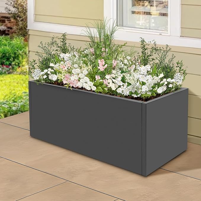 Metal Tall Rectangular Planter 38“ L x 15” W x 15 H Rectangular Steel Raised Garden Bed Tall Resin Garden Pot Outdoor Planters Box Large Planter Box for Outdoor Patio/Porch