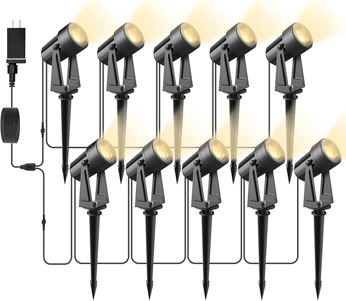 Svater Landscape Lighting Low Voltage 10 Pack Outdoor Spotlights with Transformer + Patio Light 120 FT with 63 Shatterproof LED Bulbs