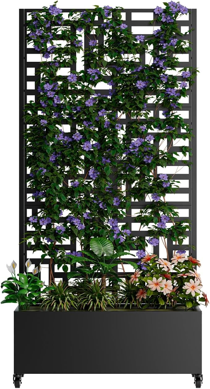 Metal Raise Garden Bed with Trellis Outdoor Indoor 73'' Tall Planter Box with Wheels Large Planter with Drainage Holes &amp Lockable Casters for Climbing Plants Vegetables Vines (Rectangle C)