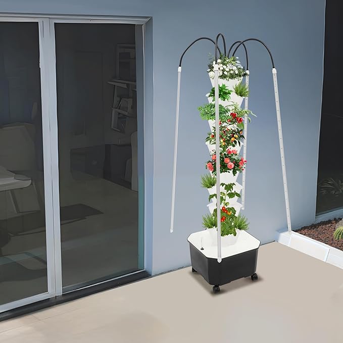 Vertical Hydroponics Growing System 40 Hole 8 Layer Hydroponic Tower with Full Spectrum LED Lights &amp Brake Wheels Indoor Outdoor Hydroponic Garden Kit for Home Balcony Farm White