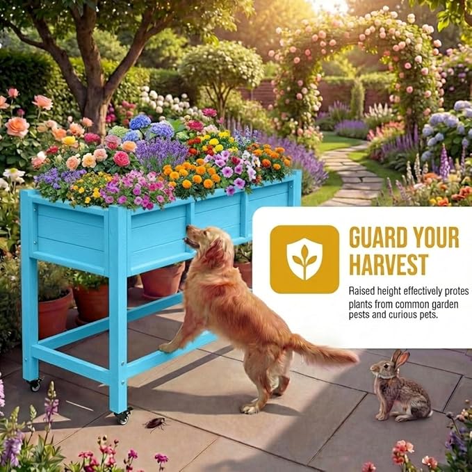 DWVO 47x18x31in Raised Garden Bed HDPE Weather-Resistant Poly Wood Planter Box Stand Planter Box with Legs &amp Lockable Wheels Elevated Garden Bed for Backyard Patio Balcony - Aruba Blue