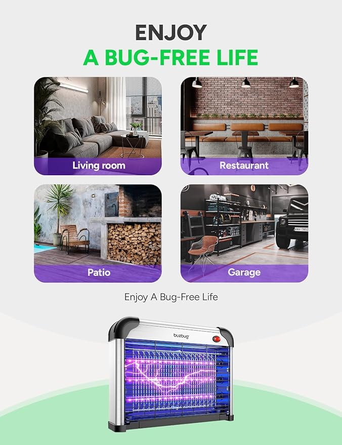 Buzbug LED Bug Zapper Indoor 3800V High-Voltage 3 LED Bulbs Up to 50000 Hours Electric Mosquito Zapper Fly Trap Mosquito Trap Fly Killer Fly Zapper -MA009