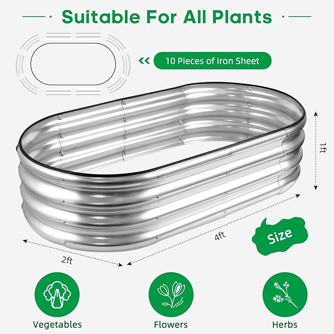 2-Pack Complete Raised Garden Bed Kit 4.5x2x1 Ft Galvanized Metal Oval Planter Boxes for Outdoor Rust-Proof Deep Root Vegetable Flower Herb Garden