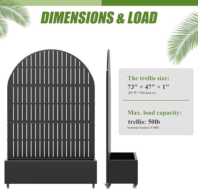 Casaphoria 72x47 Metal Raised Garden Bed with Trellis(2 Pack) Outdoor Planter Box with Wheels &amp Drainage Holes for Climbing Plants Flowers Elevated Garden Kit Black-Fence-Arched